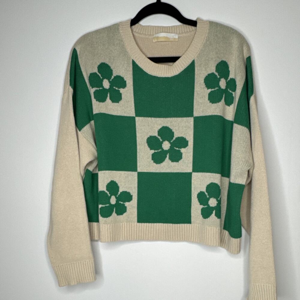 St. Patrick’s Day North End Women's Sweater Green Floral Check Medium